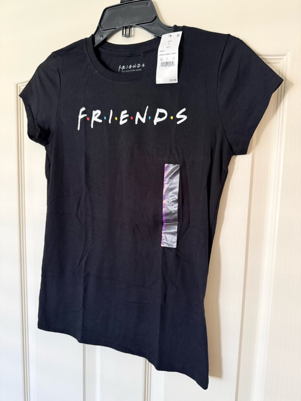 FRIENDS Women's Black Short Sleeve Tee with Multicolor Dot Logo